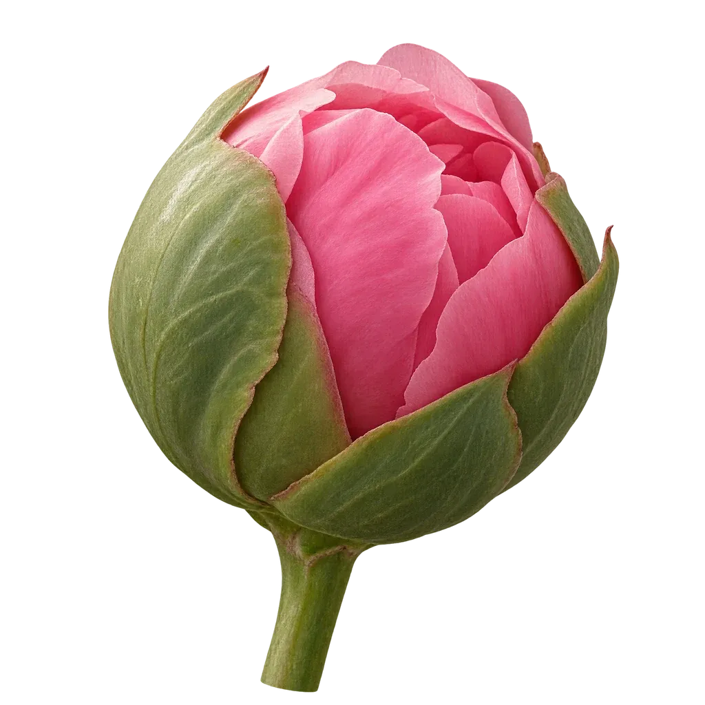 A single peony bud with sage-green sepals just opening to reveal pink petals, on a transparent background (peony bud 01)