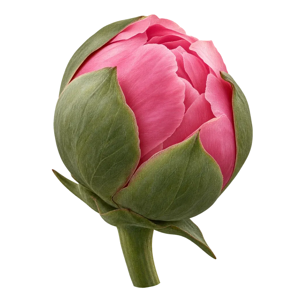 A single peony bud with sage-green sepals just opening to reveal pink petals, on a transparent background (peony bud 02)