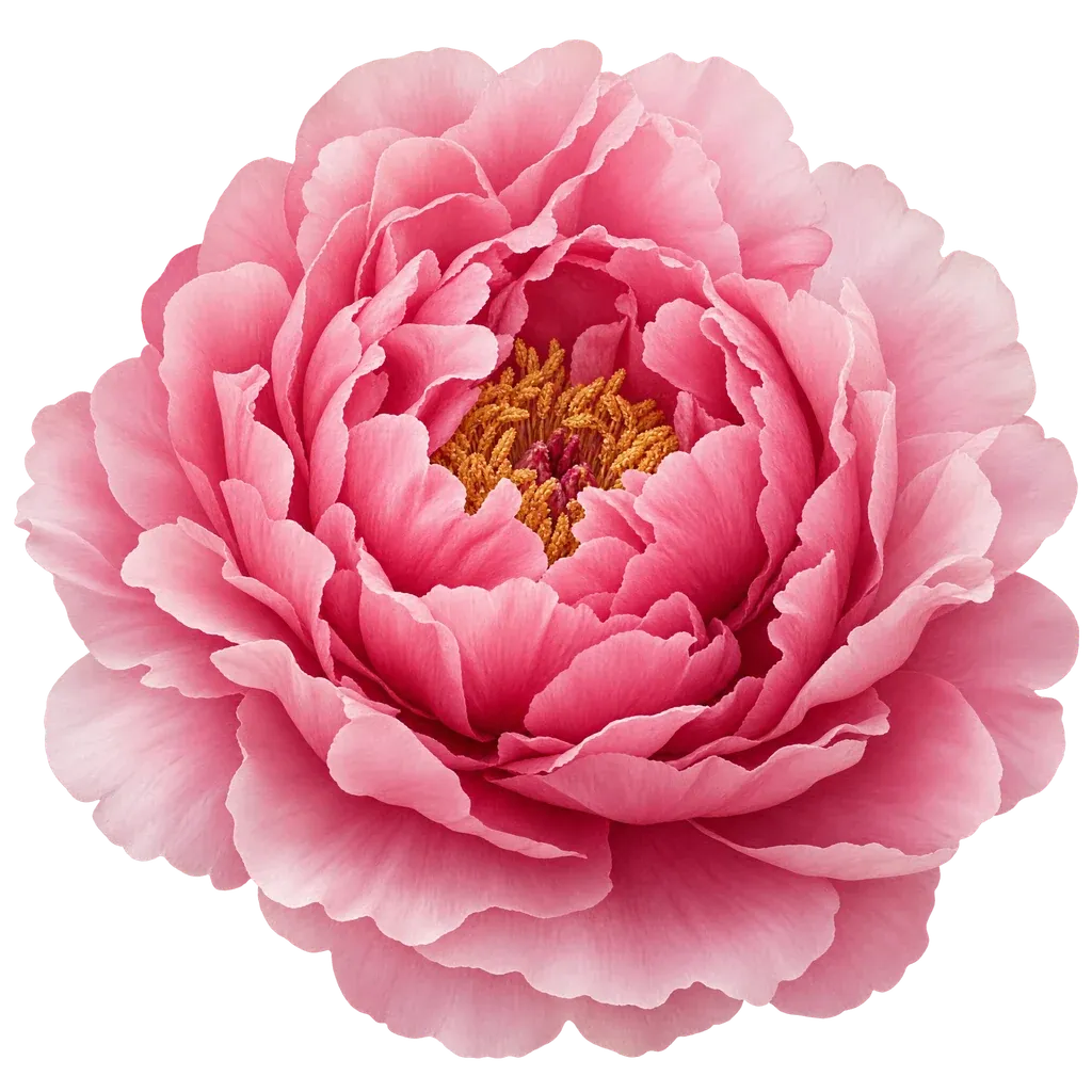 A fully open peony bloom with dense ruffled pink petals grading to pale blush at the edges, on a transparent background (peony full bloom 01)