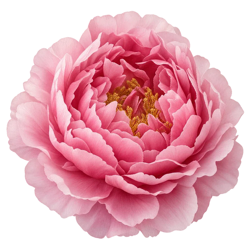 A fully open peony bloom with dense ruffled pink petals grading to pale blush at the edges, on a transparent background (peony full bloom 02)