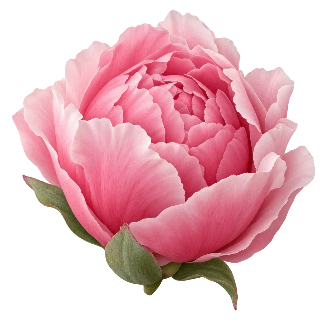 A half-open peony with outer pink petals unfurling and inner petals still cupped, on a transparent background (peony half bloom 01)